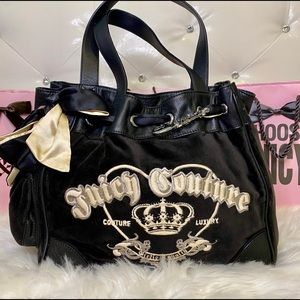 Juicy Couture Black Shoulder Bag with Cream Embroidered Crest and Bow